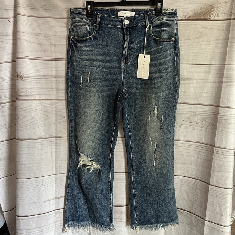 Risen High Rise Crop Flare Jeans Women's Size 15 32W Distressed Dark Wash NWT